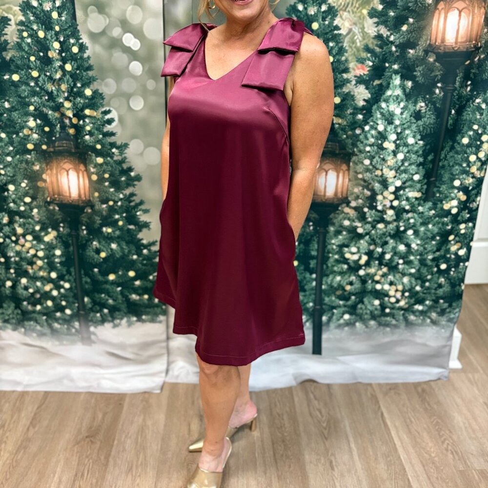 Entro Brand:  Satin Wine Dress, with pockets, lined, shoulder Bow detail